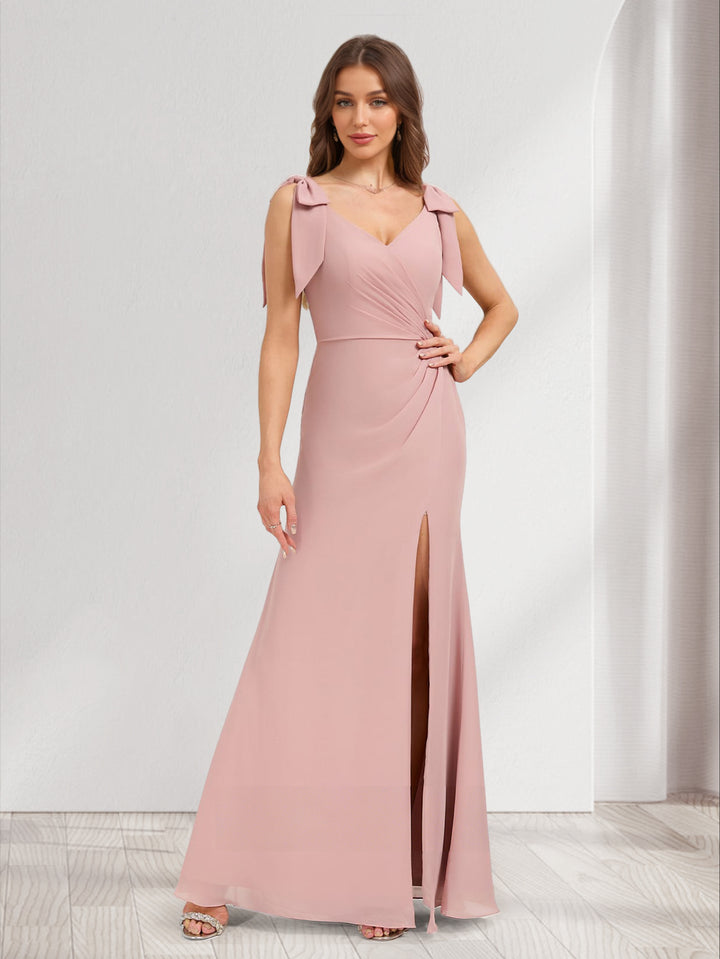 A-Line/Princess V-Neck Floor-Length Bridesmaid Dresses with Bow &amp; Split Side