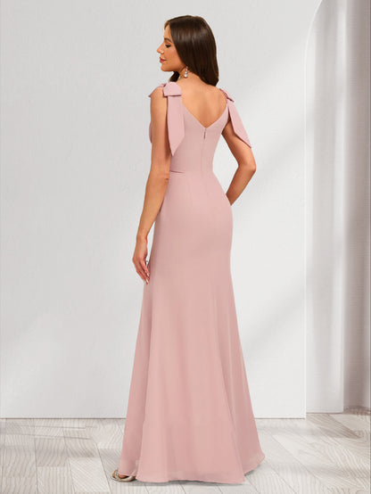 A-Line/Princess V-Neck Floor-Length Bridesmaid Dresses with Bow & Split Side