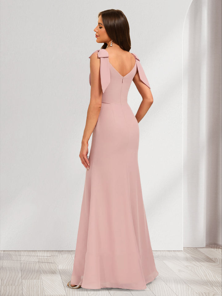 A-Line/Princess V-Neck Floor-Length Bridesmaid Dresses with Bow &amp; Split Side