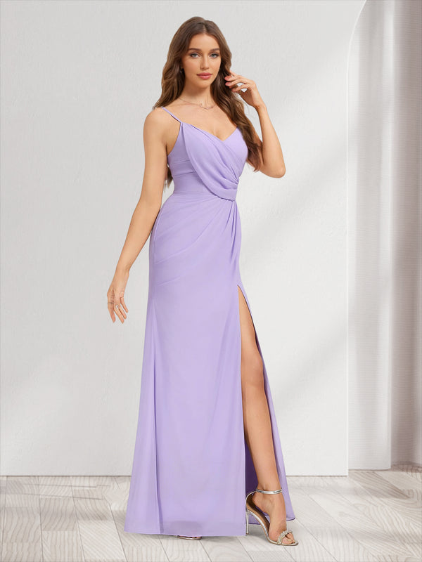 Chiffon Trumpet/Mermaid V-Neck Sleeveless Bridesmaid Dresses with Split Side & Ruffles