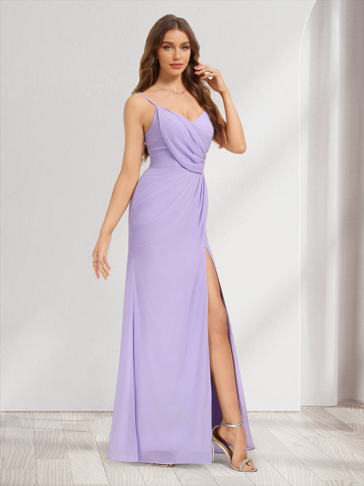 Chiffon Trumpet/Mermaid V-Neck Sleeveless Bridesmaid Dresses with Split Side &amp; Ruffles