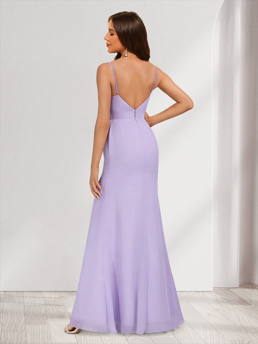 Chiffon Trumpet/Mermaid V-Neck Sleeveless Bridesmaid Dresses with Split Side & Ruffles