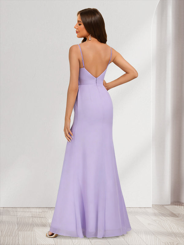 Chiffon Trumpet/Mermaid V-Neck Sleeveless Bridesmaid Dresses with Split Side & Ruffles
