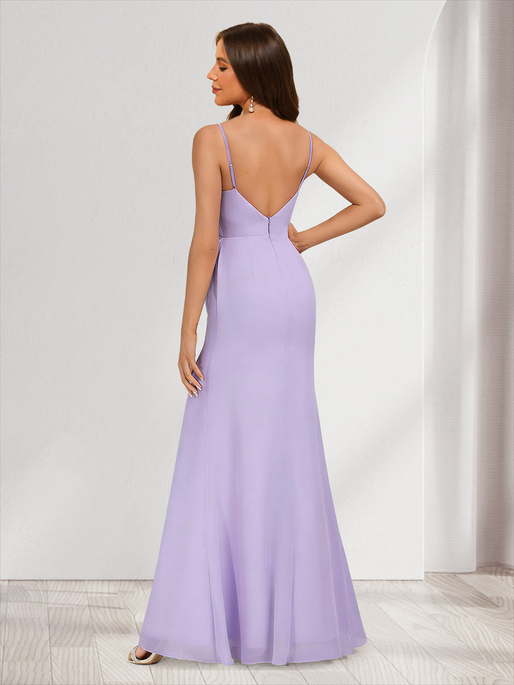 Chiffon Trumpet/Mermaid V-Neck Sleeveless Bridesmaid Dresses with Split Side &amp; Ruffles