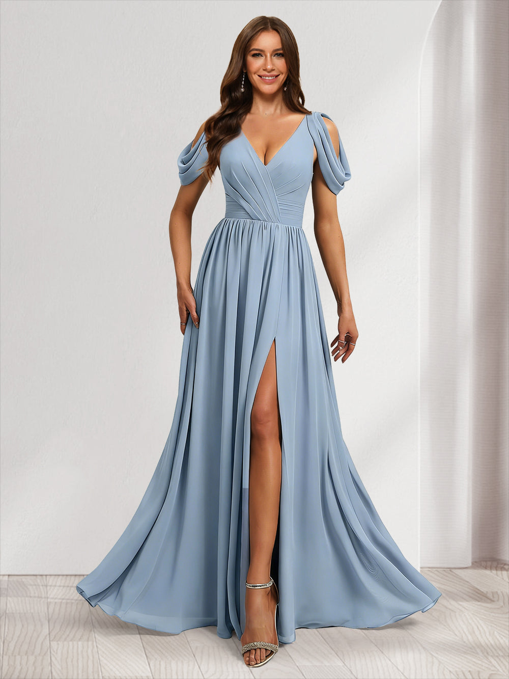 A-line V-Neck Ruched Bridesmaid Dresses with Split Side