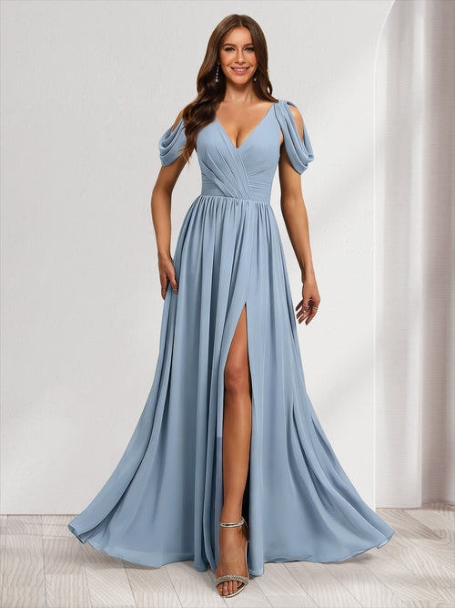 A-line V-Neck Ruched Bridesmaid Dresses with Split Side