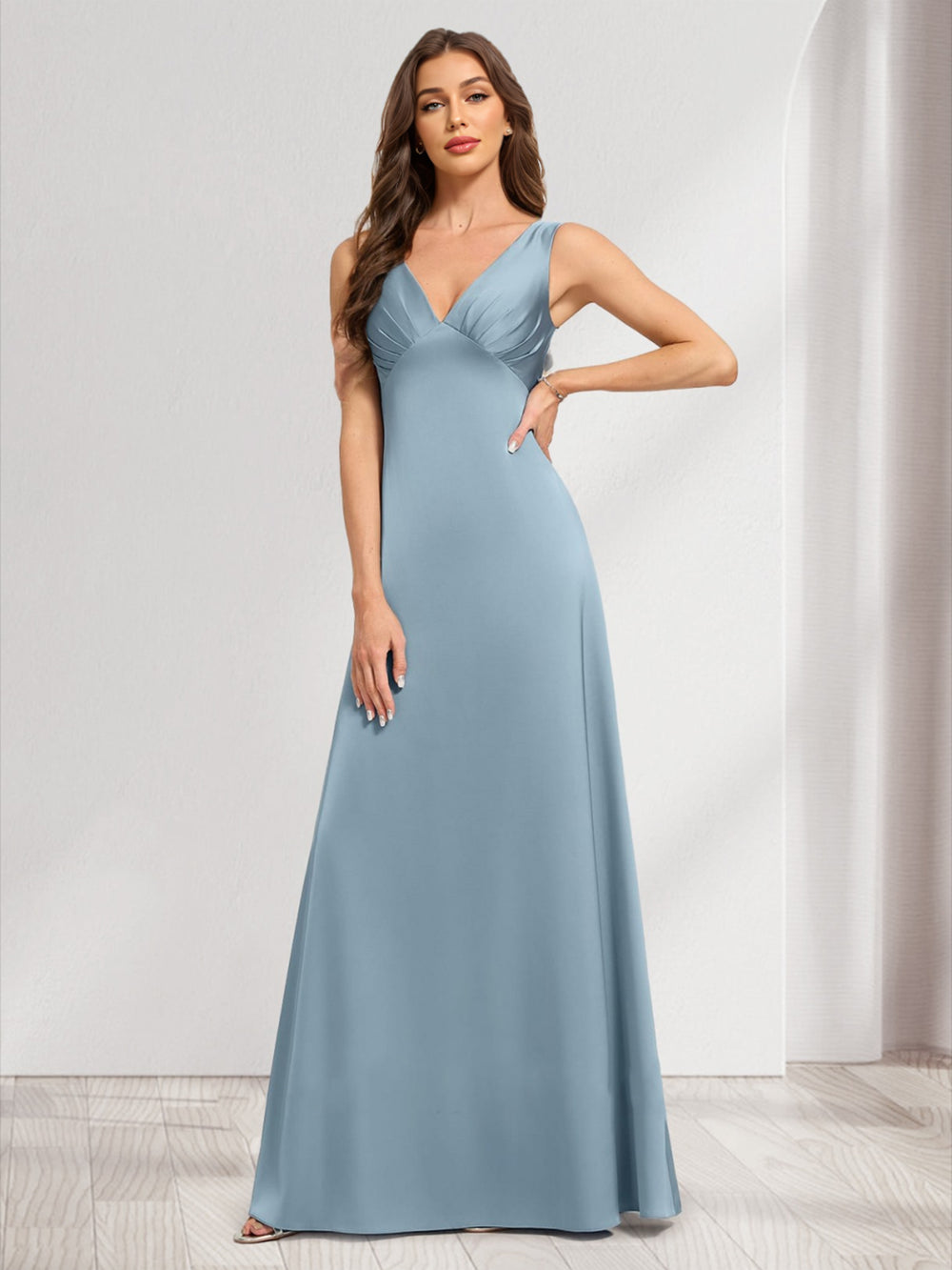 Satin A-line V-Neck Sleeveless Ruched Bridesmaid Dresses