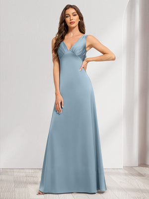 Satin A-line V-Neck Sleeveless Ruched Bridesmaid Dresses