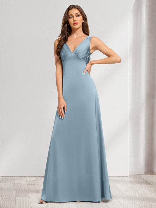 Satin A-line V-Neck Sleeveless Ruched Bridesmaid Dresses