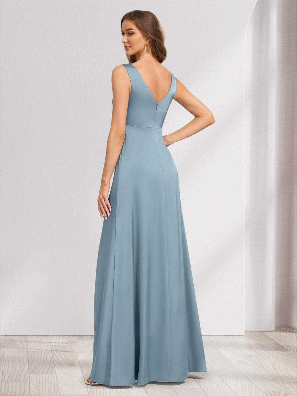 Satin A-line V-Neck Sleeveless Ruched Bridesmaid Dresses