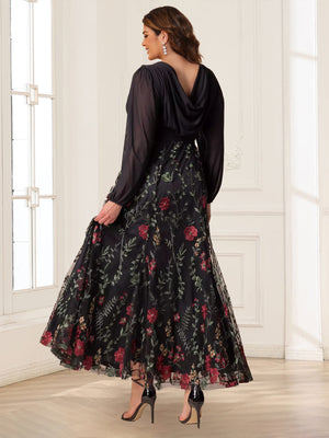 A-Line/Princess V-Neck Long Sleeves Plus Size Mother of the Bride Dresses With Floral Embroidered