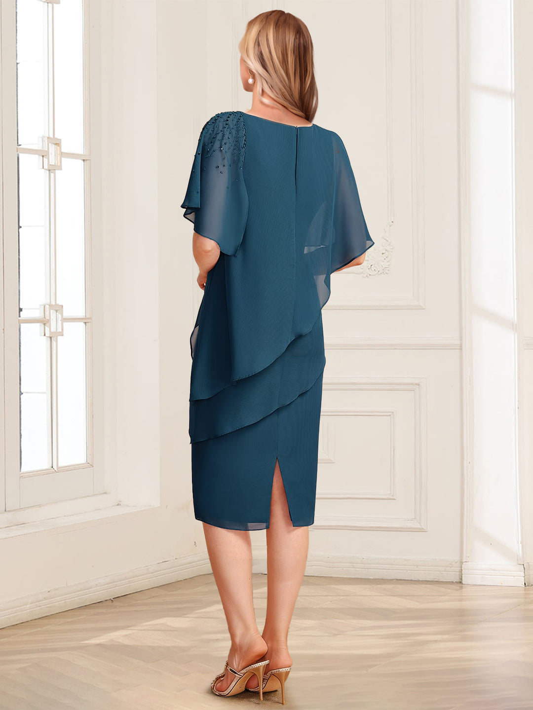 Sheath/Column Asymmetrical Short Sleeves Mother of the Bride Dresses With Ruffles &amp; Beadings