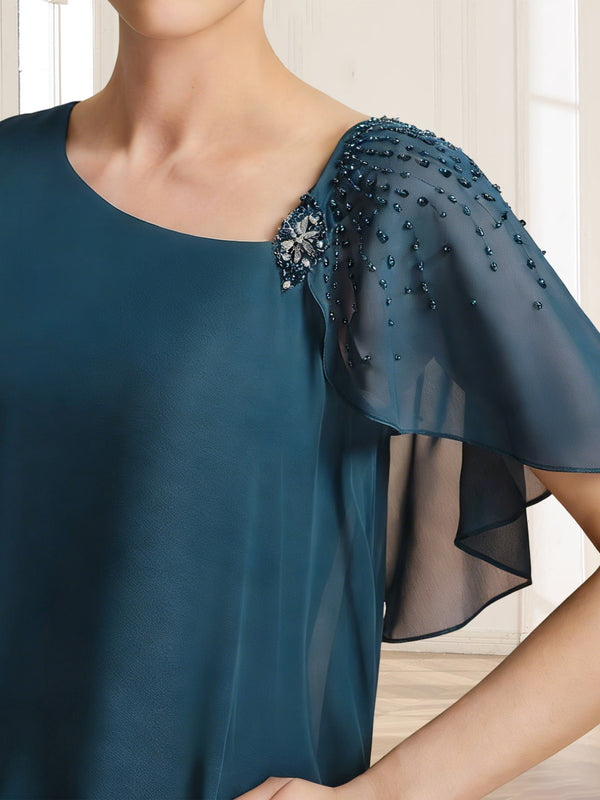 Sheath/Column Asymmetrical Short Sleeves Mother of the Bride Dresses With Ruffles & Beadings