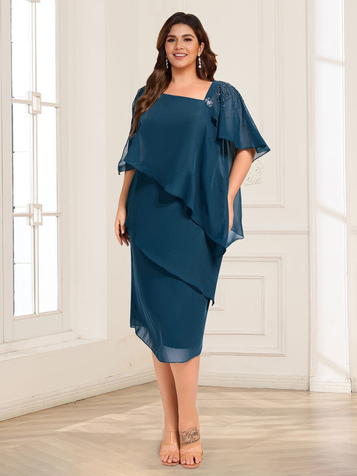 Sheath/Column Asymmetrical Short Sleeves Plus Size Mother of the Bride Dresses With Ruffles & Beadings