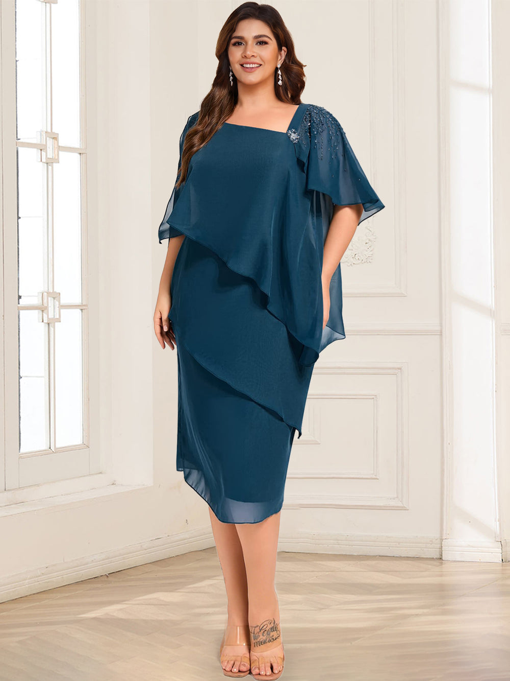 Sheath/Column Asymmetrical Short Sleeves Plus Size Mother of the Bride Dresses With Ruffles & Beadings