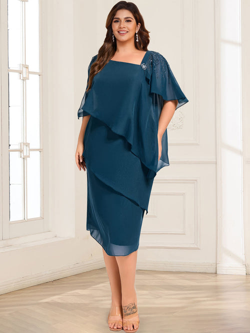 Sheath/Column Asymmetrical Short Sleeves Plus Size Mother of the Bride Dresses With Ruffles & Beadings