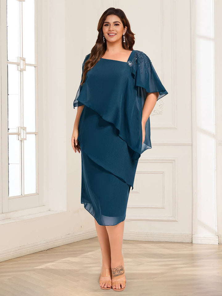 Sheath/Column Asymmetrical Short Sleeves Plus Size Mother of the Bride Dresses With Ruffles &amp; Beadings