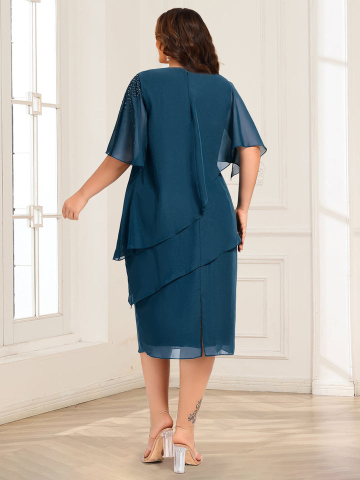 Sheath/Column Asymmetrical Short Sleeves Plus Size Mother of the Bride Dresses With Ruffles &amp; Beadings
