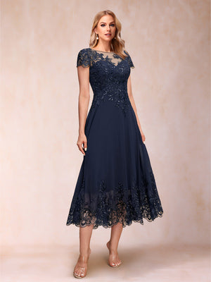 A-Line/Princess Illusion Crew Neck Short Sleeves Mother of the Bride Dresses With Appliques & Sequins