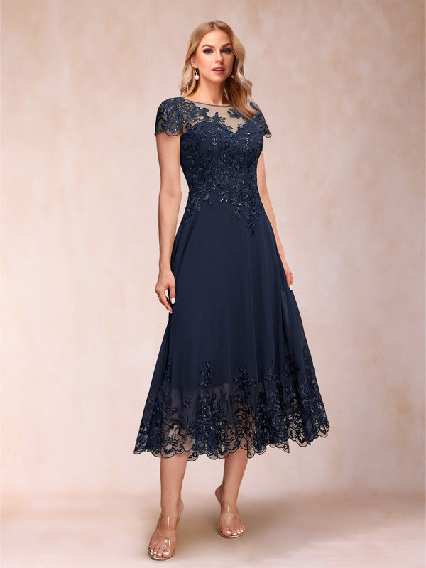 A-Line/Princess Illusion Crew Neck Short Sleeves Mother of the Bride Dresses With Appliques & Sequins