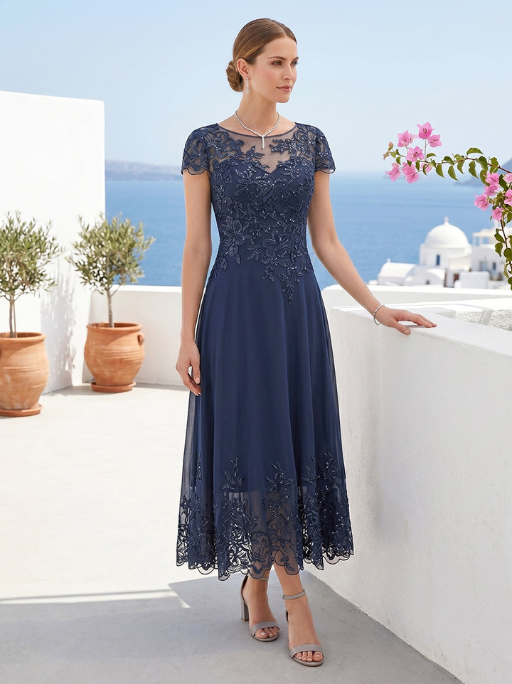 A-Line/Princess Illusion Crew Neck Short Sleeves Mother of the Bride Dresses With Appliques &amp; Sequins