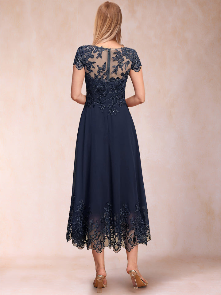 A-Line/Princess Illusion Crew Neck Short Sleeves Mother of the Bride Dresses With Appliques &amp; Sequins