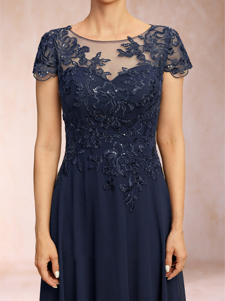 A-Line/Princess Illusion Crew Neck Short Sleeves Mother of the Bride Dresses With Appliques &amp; Sequins