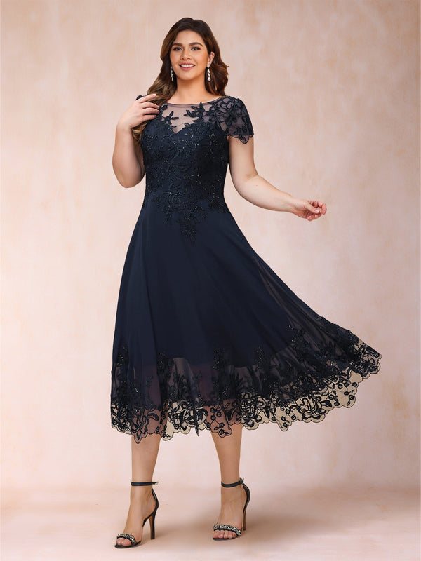 A-Line/Princess Illusion Crew Neck Short Sleeves Plus Size Mother of the Bride Dresses With Appliques & Sequins