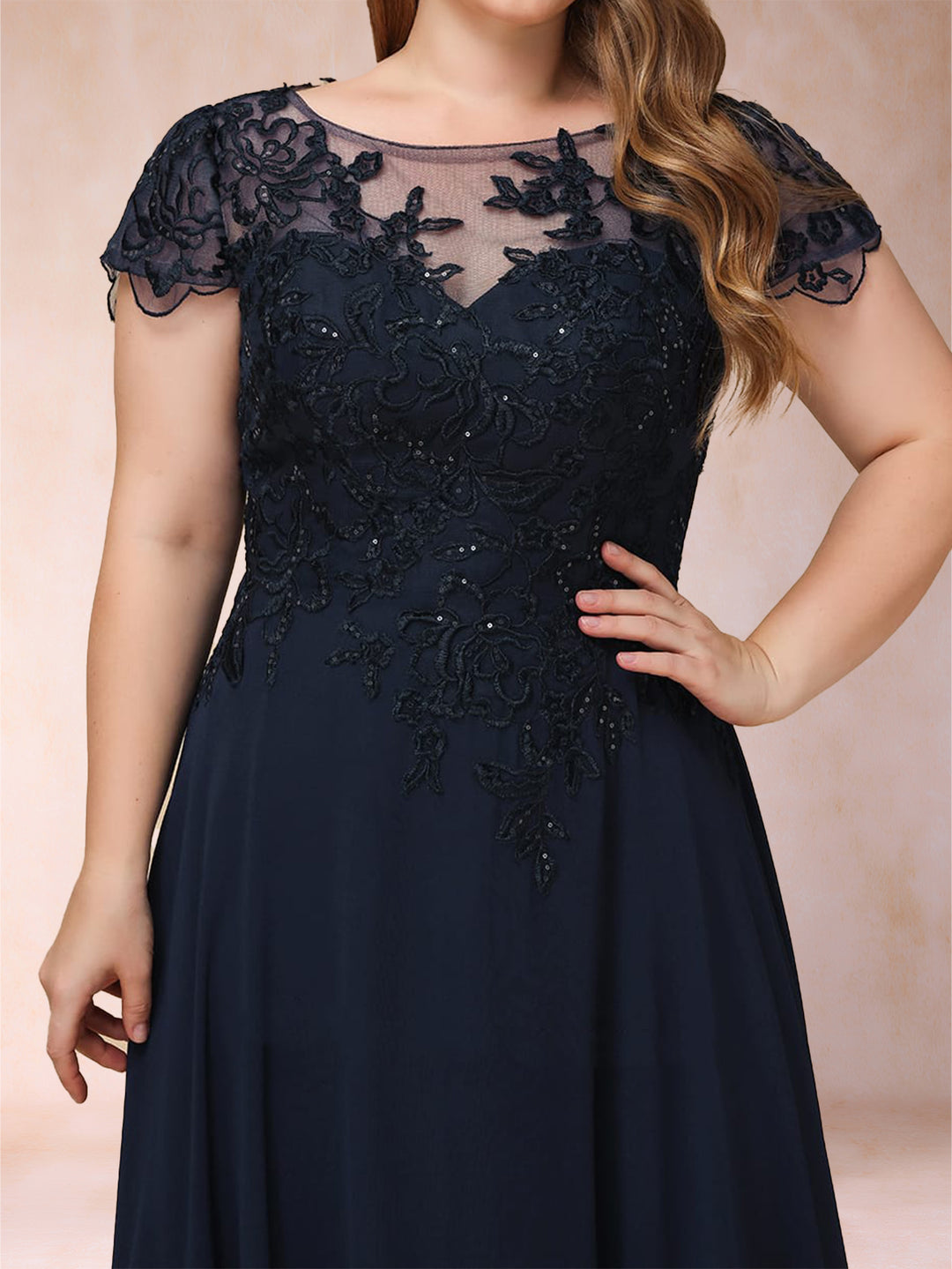 A-Line/Princess Illusion Crew Neck Short Sleeves Plus Size Mother of the Bride Dresses With Appliques &amp; Sequins