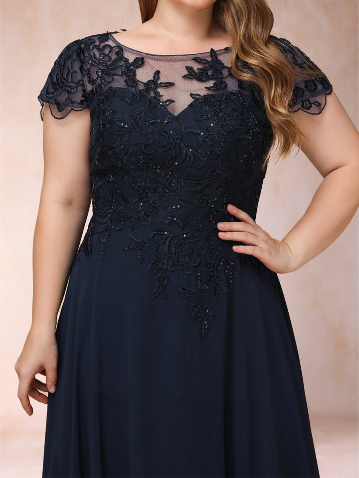 A-Line/Princess Illusion Crew Neck Short Sleeves Plus Size Mother of the Bride Dresses With Appliques &amp; Sequins