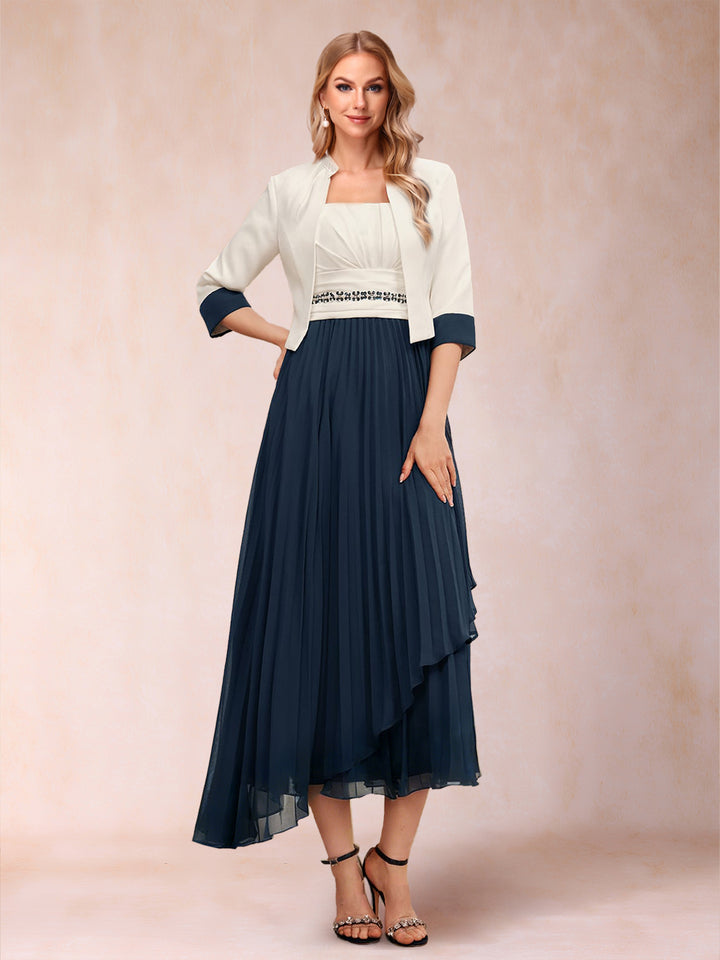 A-Line Square Neck Half Sleeves 2 Pieces Mother of the Bride Dresses with Pleats &amp; Sequins