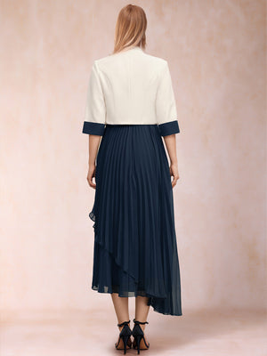 A-Line Square Neck Half Sleeves 2 Pieces Mother of the Bride Dresses with Pleats & Sequins