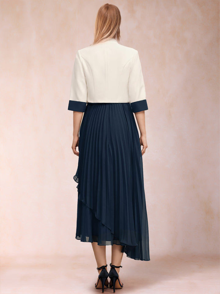 A-Line Square Neck Half Sleeves 2 Pieces Mother of the Bride Dresses with Pleats &amp; Sequins