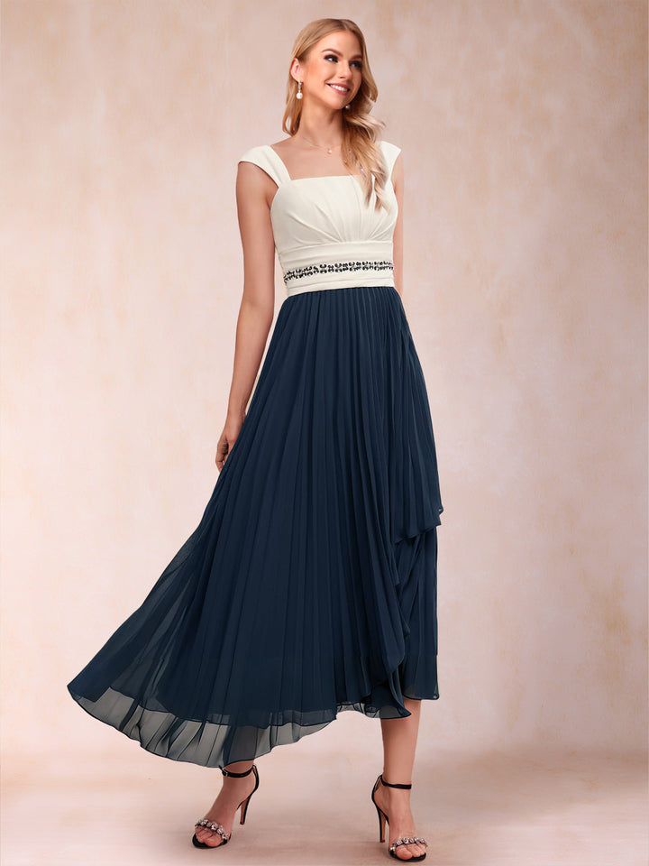 A-Line Square Neck Half Sleeves 2 Pieces Mother of the Bride Dresses with Pleats &amp; Sequins
