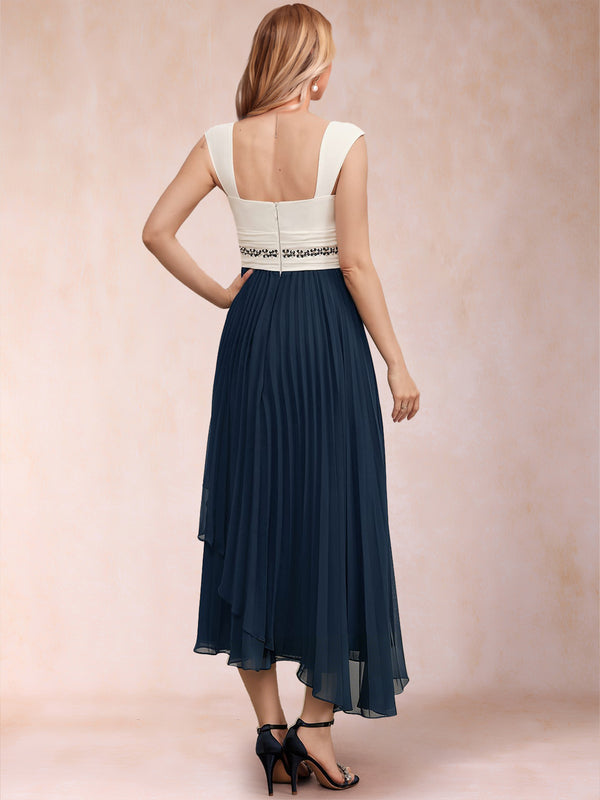 A-Line Square Neck Half Sleeves 2 Pieces Mother of the Bride Dresses with Pleats & Sequins