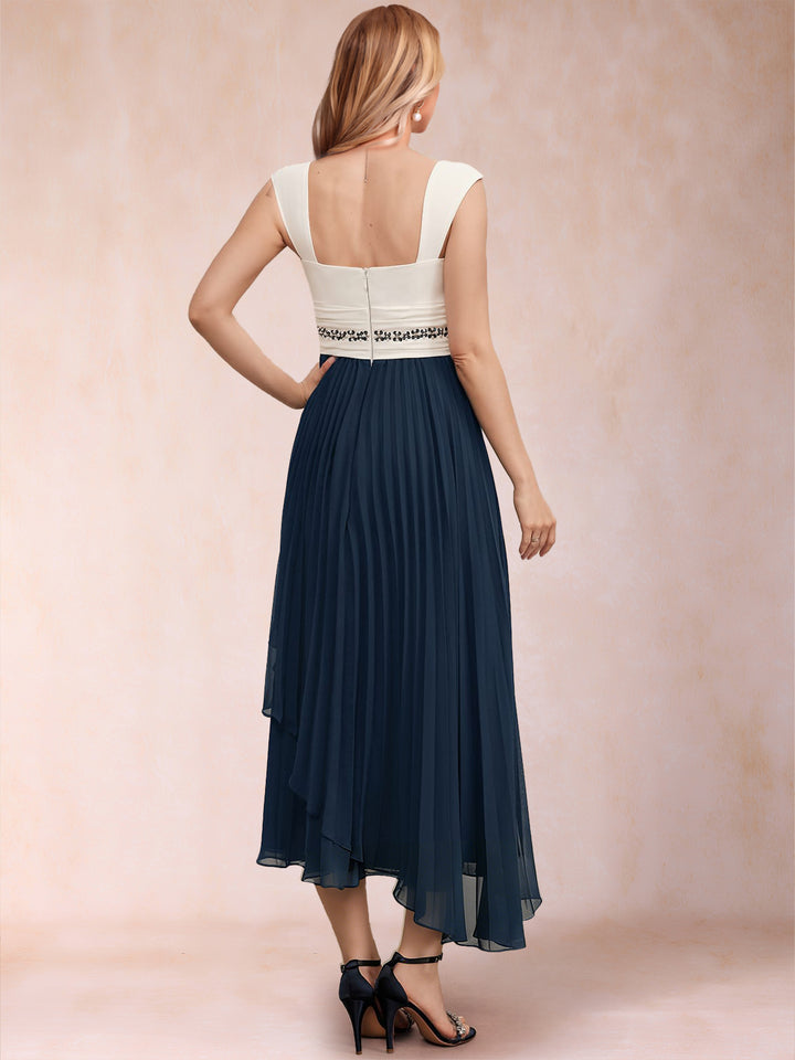 A-Line Square Neck Half Sleeves 2 Pieces Mother of the Bride Dresses with Pleats &amp; Sequins