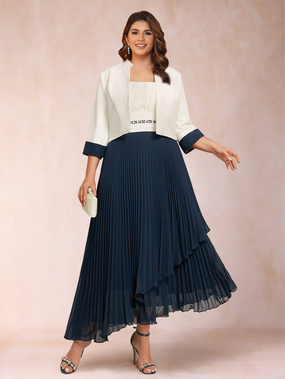 A-Line Square Neck Half Sleeves 2 Pieces Plus Size Mother of the Bride Dresses with Pleats &amp; Sequins
