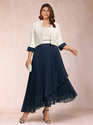 A-Line Square Neck Half Sleeves 2 Pieces Plus Size Mother of the Bride Dresses with Pleats & Sequins