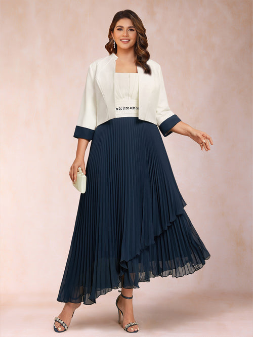 A-Line Square Neck Half Sleeves 2 Pieces Plus Size Mother of the Bride Dresses with Pleats & Sequins
