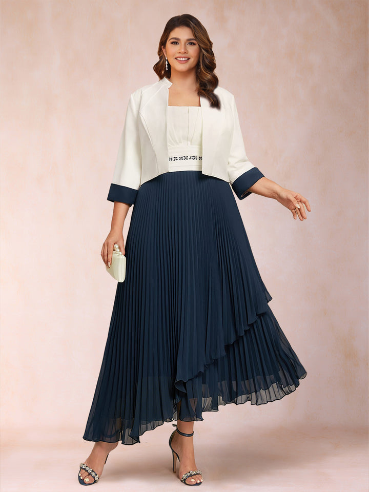 A-Line Square Neck Half Sleeves 2 Pieces Plus Size Mother of the Bride Dresses with Pleats &amp; Sequins