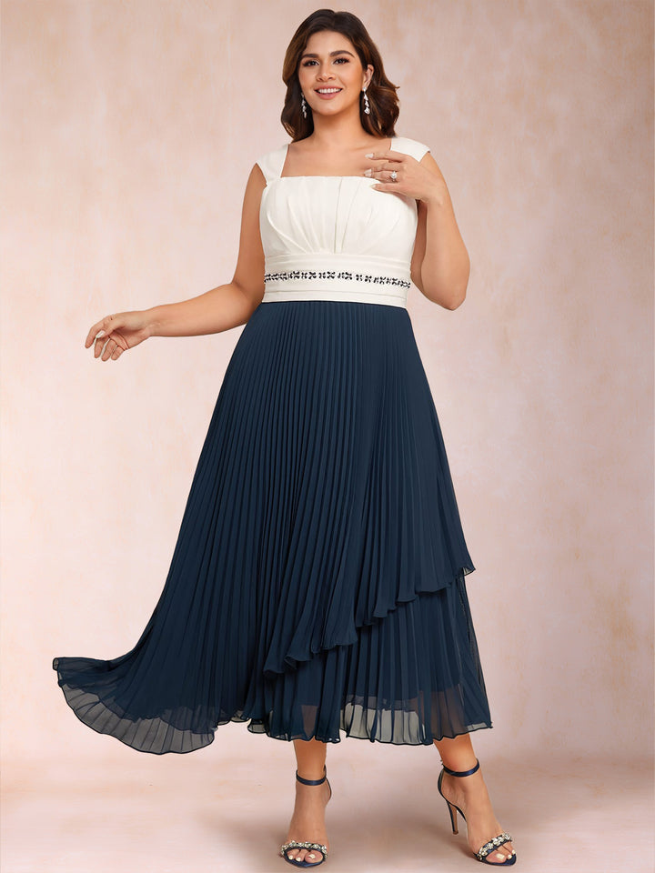 A-Line Square Neck Half Sleeves 2 Pieces Plus Size Mother of the Bride Dresses with Pleats &amp; Sequins