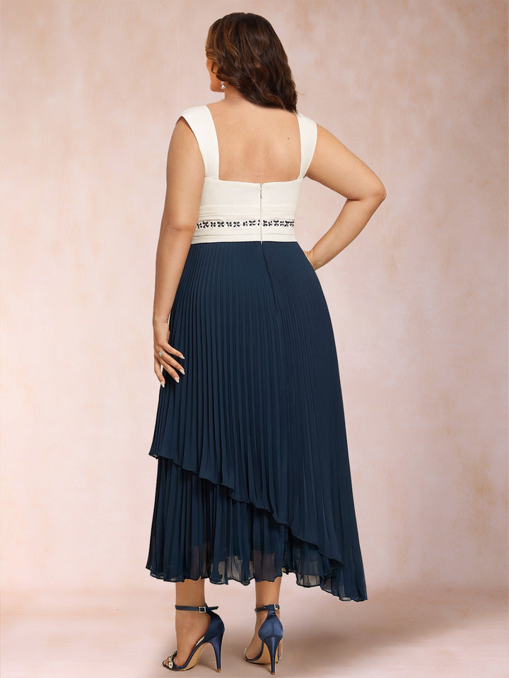 A-Line Square Neck Half Sleeves 2 Pieces Plus Size Mother of the Bride Dresses with Pleats &amp; Sequins