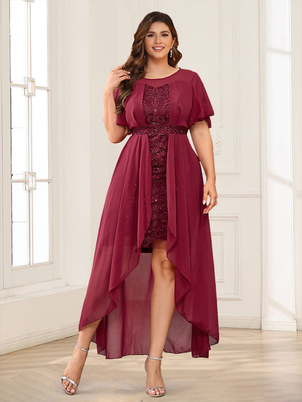 Chiffon A-Line/Princess Crew Neck Short Sleeves Plus Size Mother of the Bride Dresses With Lace