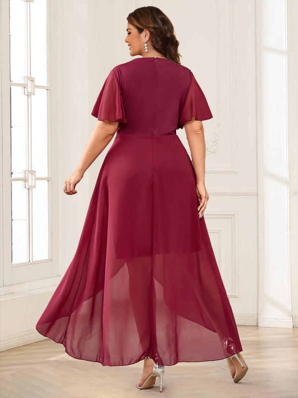 Chiffon A-Line/Princess Crew Neck Short Sleeves Plus Size Mother of the Bride Dresses With Lace
