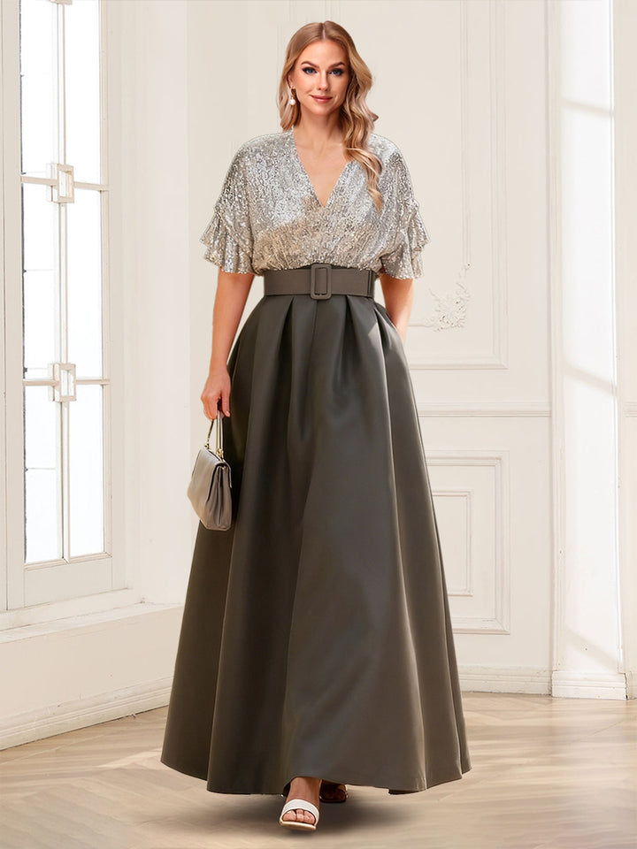 Sequined A-Line V-Neck Half Sleeves Mother of the Bride Dresses with Belt