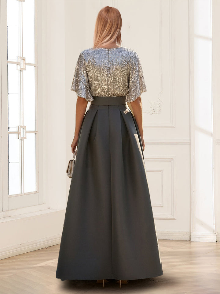 Sequined A-Line V-Neck Half Sleeves Mother of the Bride Dresses with Belt