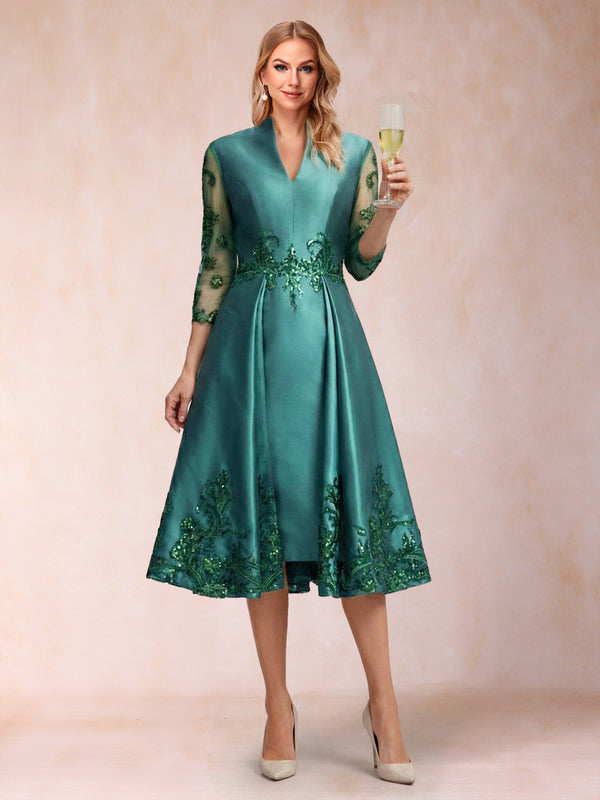 A-Line/Princess V-Neck 3/4 Sleeves Tea-Length Mother of the Bride Dresses with Appliques & Sequins