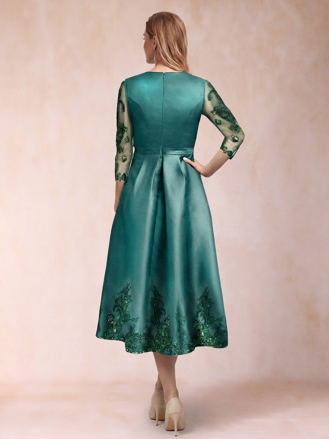 A-Line/Princess V-Neck 3/4 Sleeves Tea-Length Mother of the Bride Dresses with Appliques &amp; Sequins