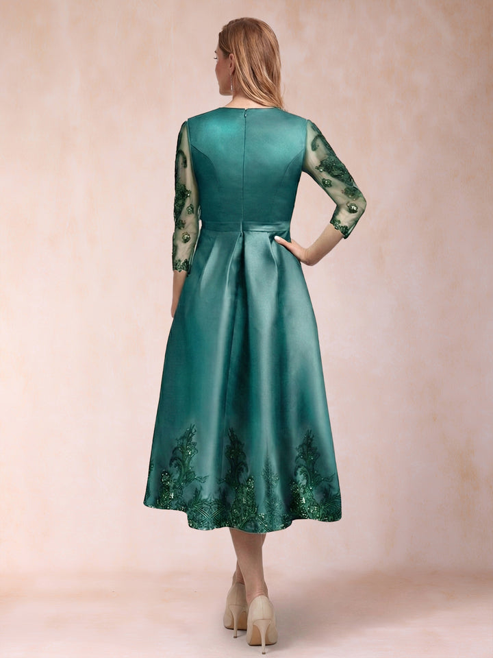 A-Line/Princess V-Neck 3/4 Sleeves Tea-Length Mother of the Bride Dresses with Appliques &amp; Sequins