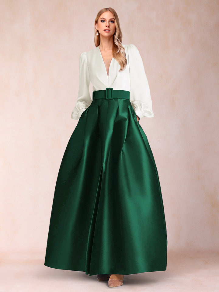 Satin A-Line/Princess V-Neck Floor-Length Long Sleeves Mother of the Bride Dresses With Belt